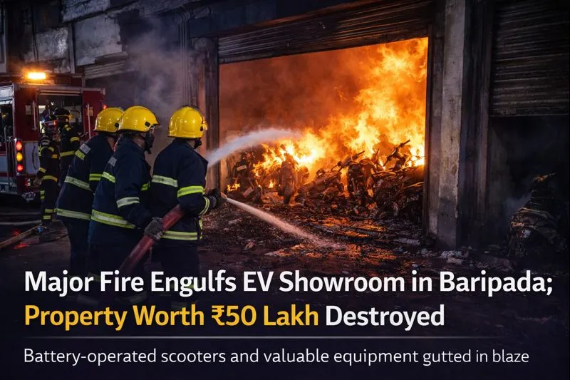 Major fire engulfs EV showroom in Baripada; property worth ₹50 lakh destroyed