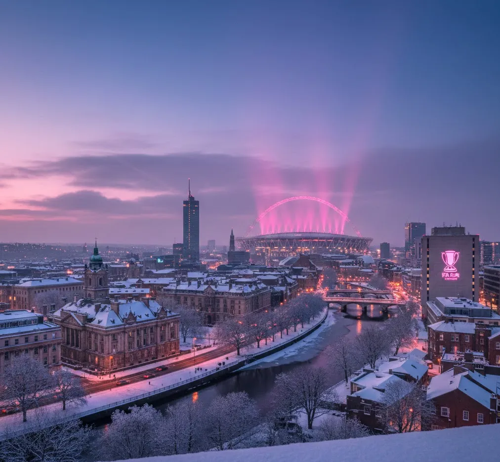 Birmingham glows pink as FA Cup stadium lights shine on snowy grounds