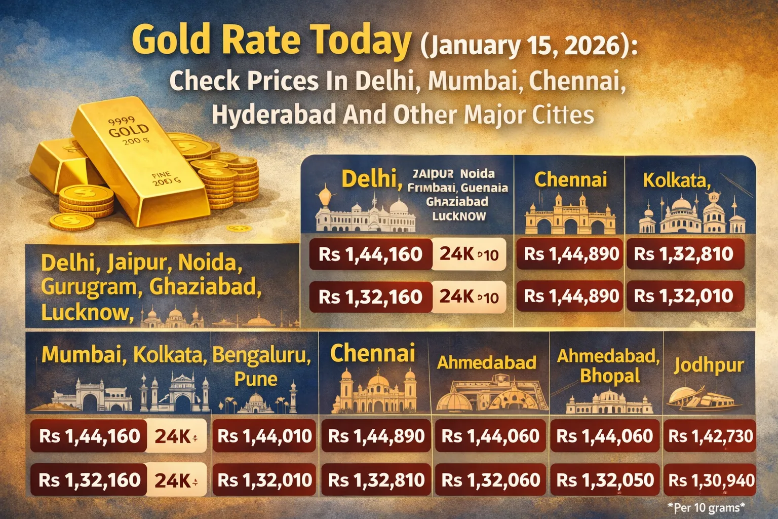 Gold Rate Today (Jan 15, 2026): Prices in Delhi, Mumbai, Chennai, Hyderabad & Major Cities
