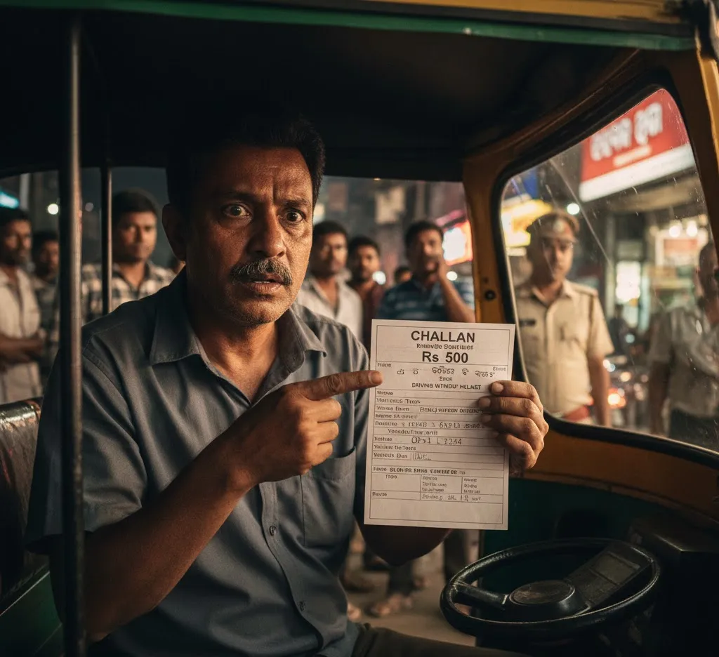Auto-rickshaw driver penalised for passenger helmet error; mistaken challan causes distress