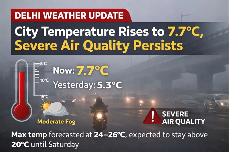 Delhi Weather Update: Minimum Temperature Rises to 7.7°C, Severe Air Quality Persists for Third Consecutive Day