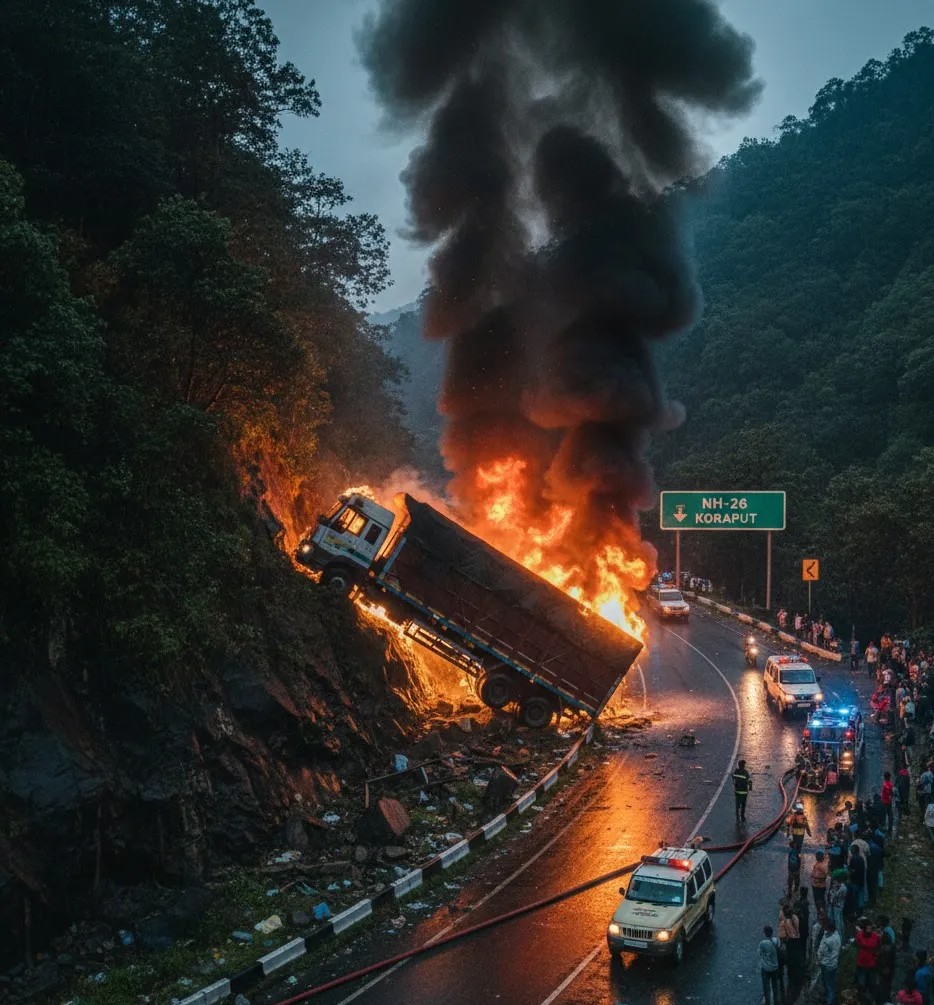 Trailer Truck Catches Fire After Slipping Off NH-26 Ghat in Koraput, Driver and Helper Escape