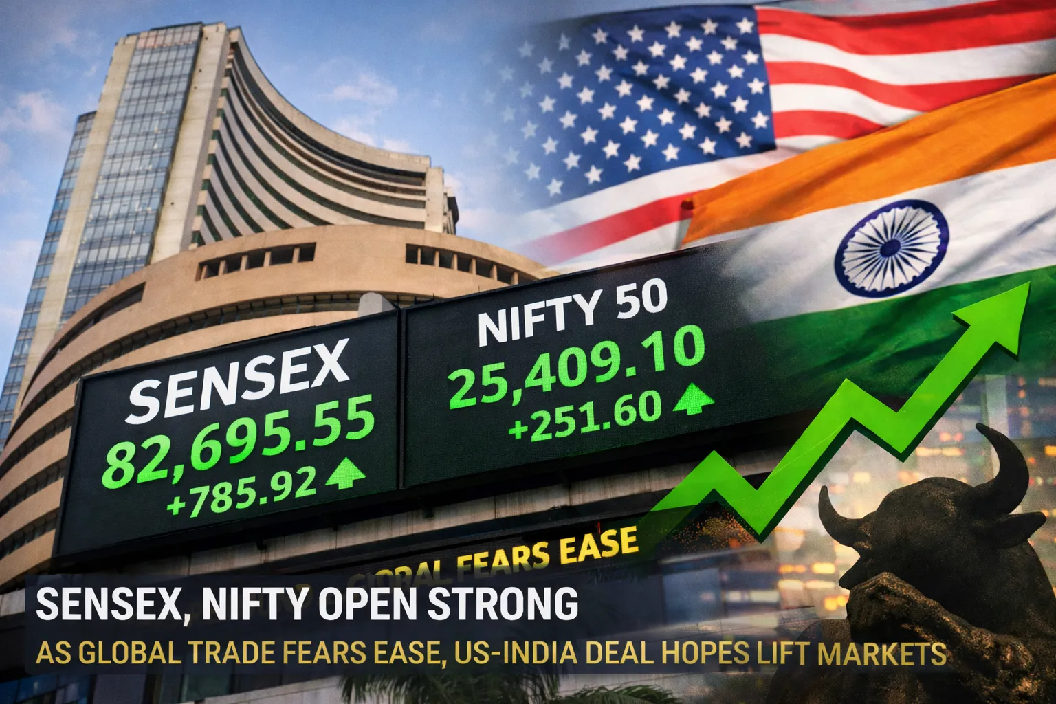 Sensex, Nifty Rally at Open as Global Trade Fears Ease, US-India Deal Hopes Boost Sentiment