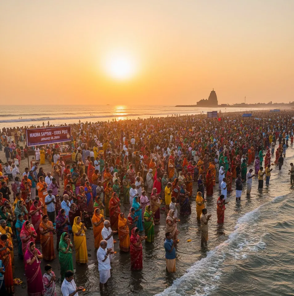 Lakhs of Devotees Take Holy Dip at Chandrabhaga on Magha Saptami in Konark