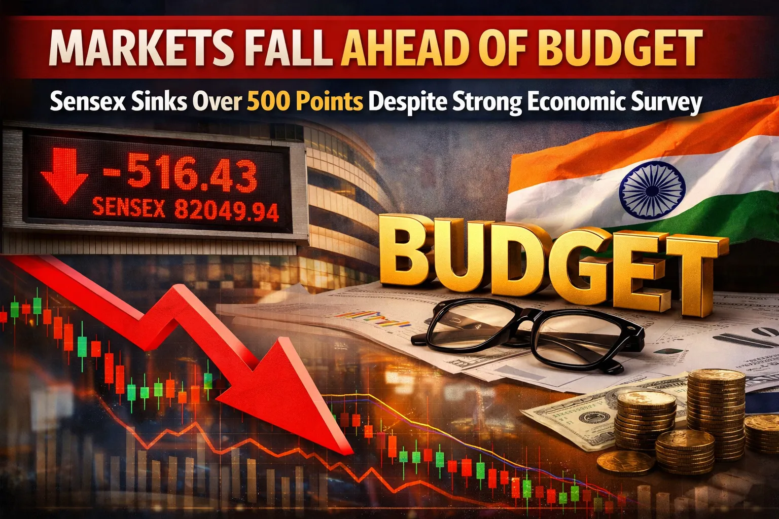 Markets Fall Ahead of Budget Despite Strong Economic Survey; Sensex Drops Over 500 Points