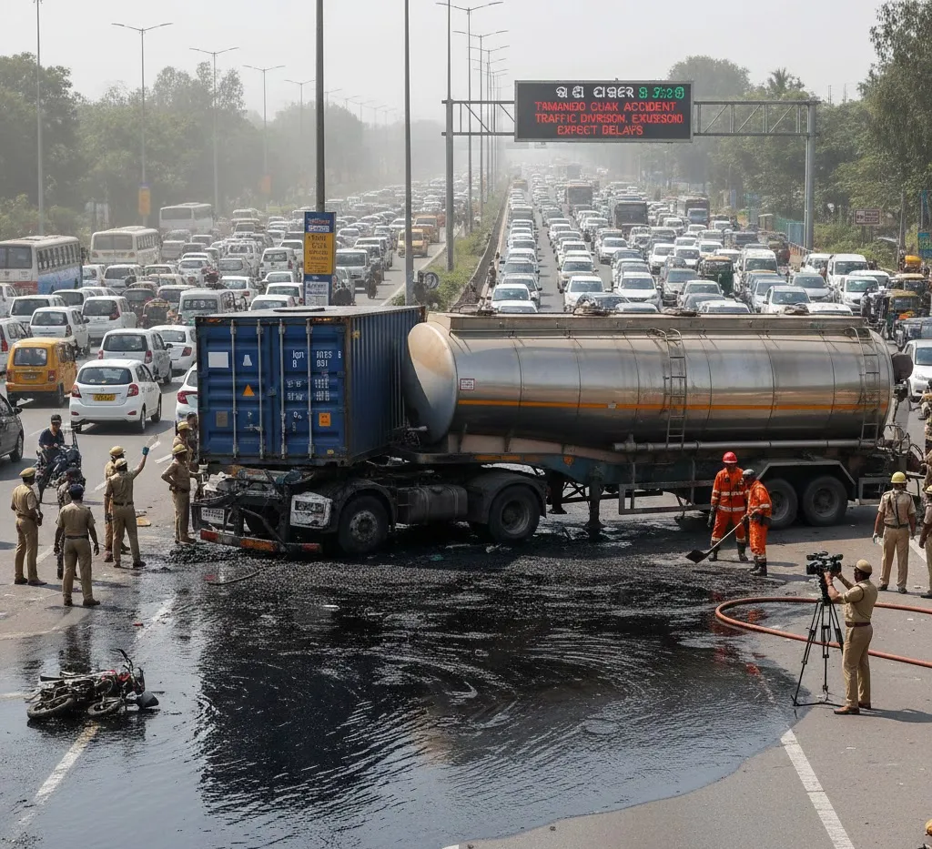 Container Truck Collides with Bitumen Tanker at Tamando Chowk, Bhubaneswar; Traffic Disrupted