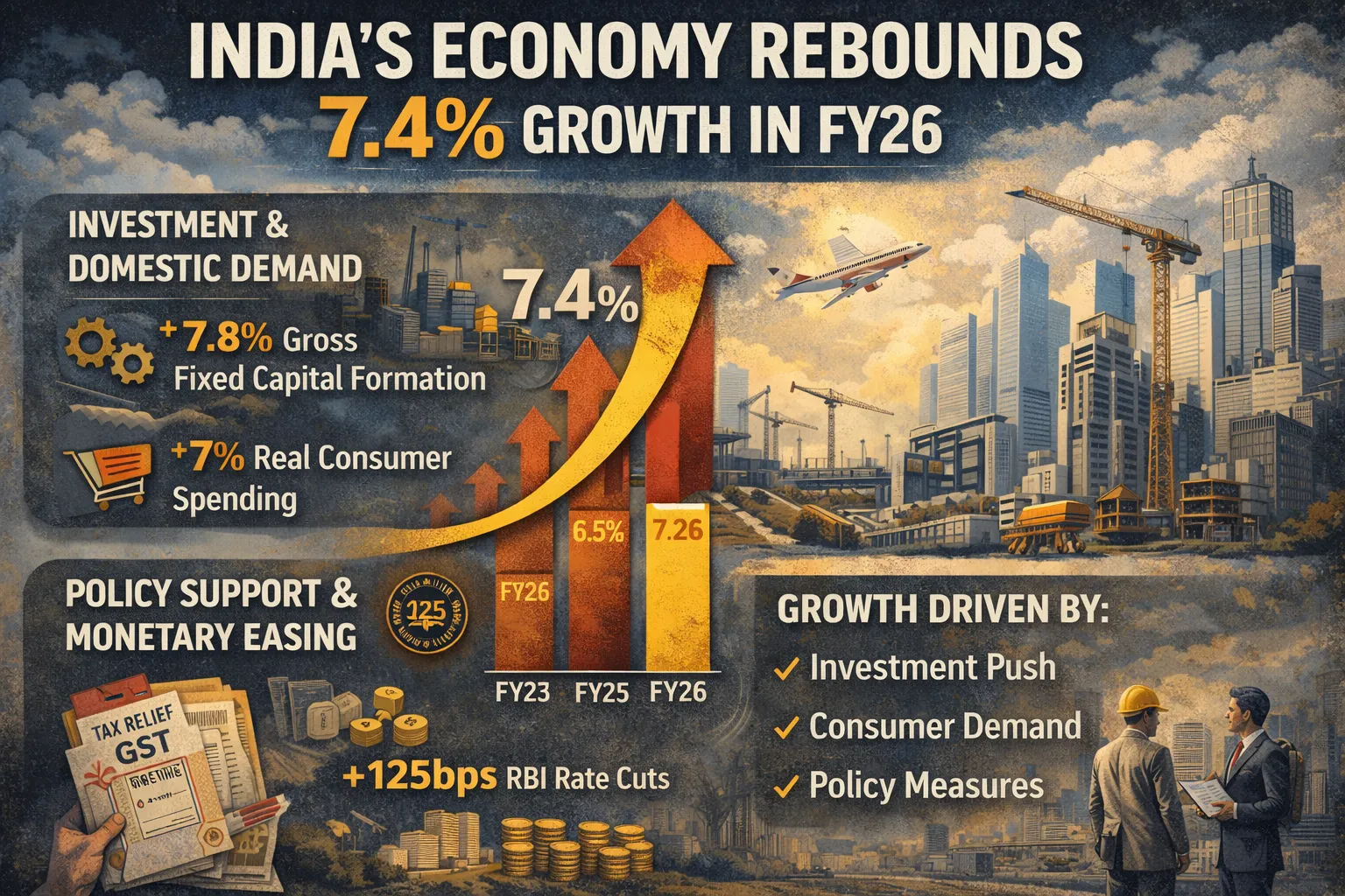 India’s Economy Rebounds, Grows 7.4% in FY26 on Strong Investment Push