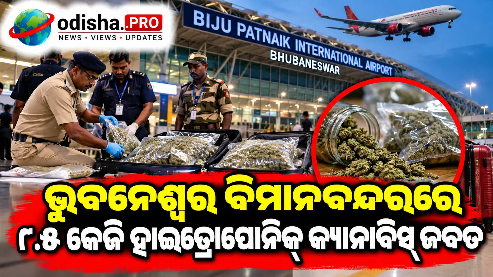 ଭୁବନେଶ୍ୱର ବିମାନବନ୍ଦରରେ ୮.୫ କେଜି ହାଇଡ୍ରୋପୋନିକ୍ କ୍ୟାନାବିସ୍ ଜବତ, ୩ ଜଣ ଅଟକ