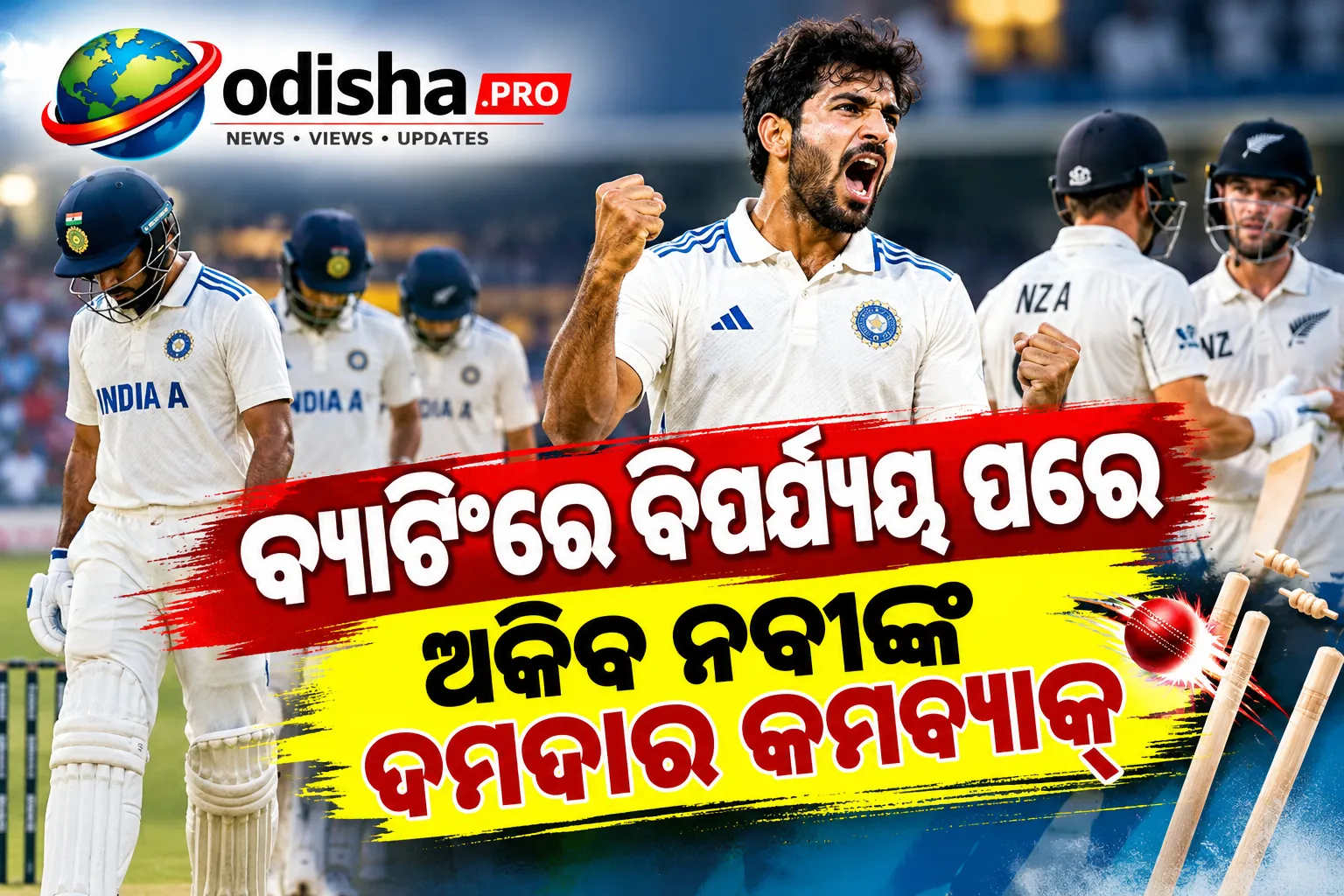 ବ୍ୟାଟିଂରେ ବିପର୍ଯ୍ୟୟ ପରେ ଅକିବ ନବୀଙ୍କ ଦମଦାର କମବ୍ୟାକ୍‌; ନ୍ୟୁଜିଲାଣ୍ଡ A ବିପକ୍ଷରେ ଚାପରେ ଭାରତ A