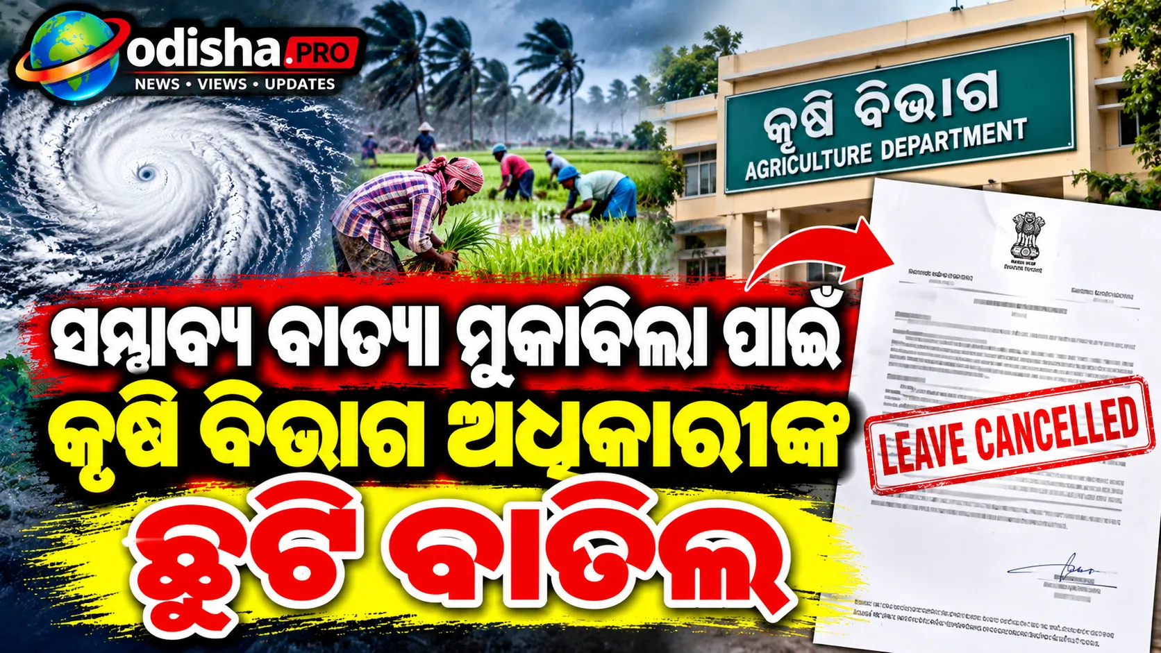 ସମ୍ଭାବ୍ୟ ବାତ୍ୟା: କୃଷି ବିଭାଗର ସମସ୍ତ ଅଧିକାରୀଙ୍କ ଛୁଟି ବାତିଲ, ଚାଷୀଙ୍କ ପାଇଁ ଜାରି ହେଲା ଆଡଭାଇଜରି