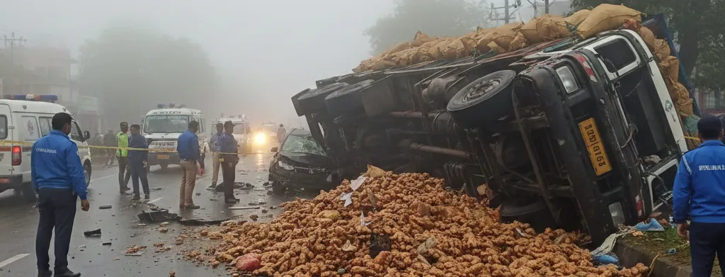 Ginger-Laden Truck Overturns Near Mathani Chowk in Balasore district; Driver Injured