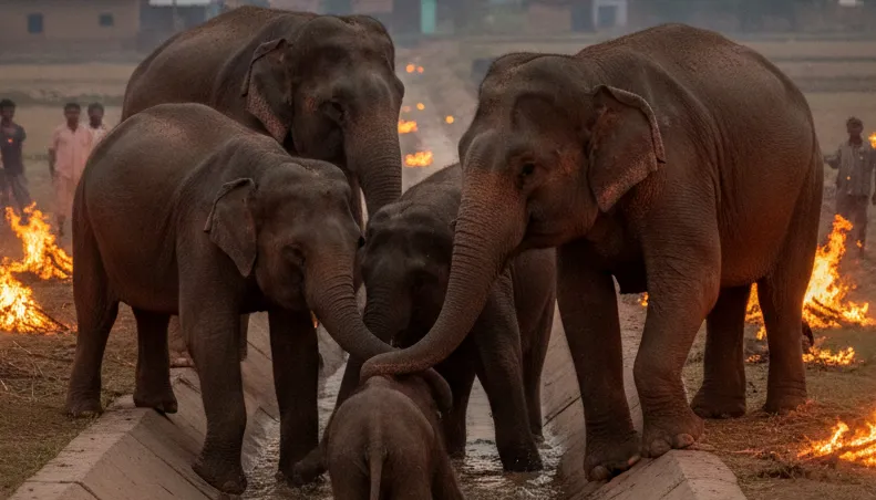 Elephant Herd Rescues Calf After It Falls into Canal in Keonjhar Village