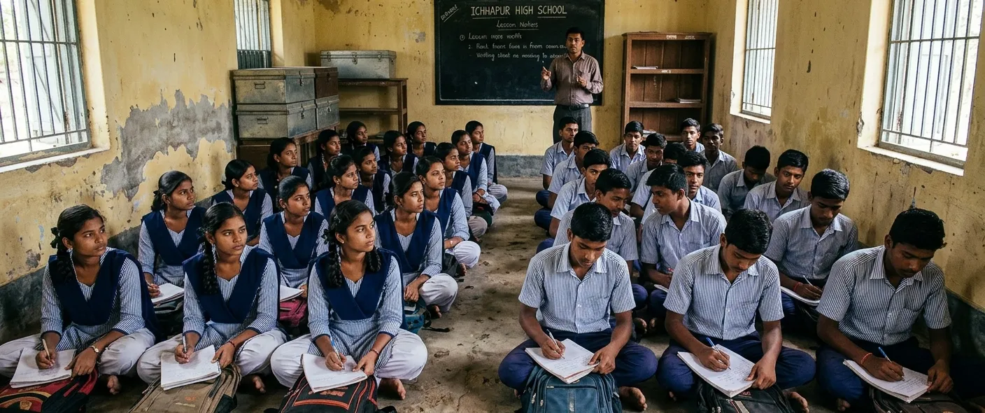 ମାଟିରେ ବସି ପାଠ ପଢ଼ୁଛନ୍ତି ଛାତ୍ରଛାତ୍ରୀ: ନବରଙ୍ଗପୁରର ଇଚ୍ଛାପୁର ହାଇସ୍କୁଲରେ ମୂଳ ଢାଞ୍ଚାର ଅଭାବ