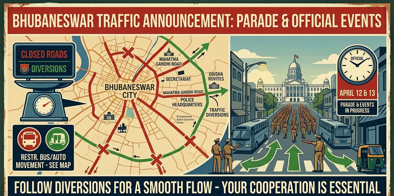 ଭୁବନେଶ୍ୱରରେ ଏପ୍ରିଲ୍ 12–13ରେ ଟ୍ରାଫିକ୍ ନିୟମ କଡାକଡି, ବିଭିନ୍ନ ରୁଟ୍ ଡାଇଭର୍ସନ୍ ଘୋଷଣା