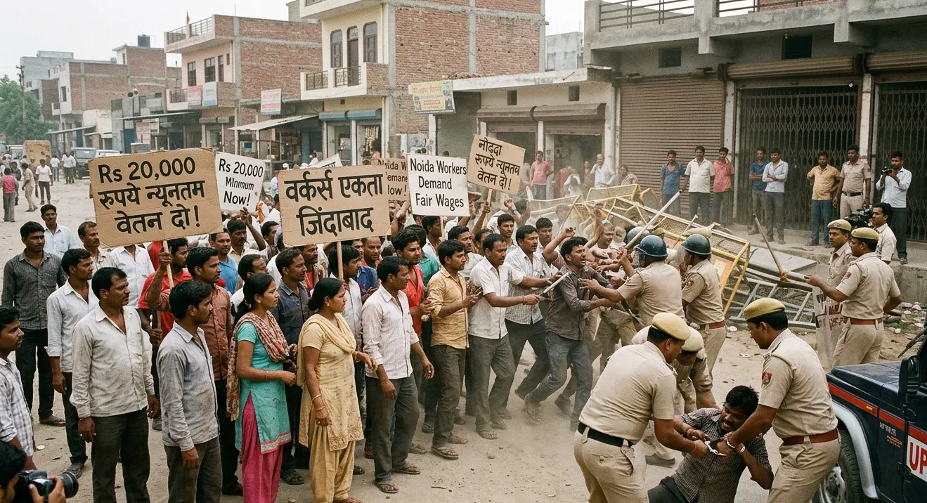 ନୋଇଡାରେ ଶ୍ରମିକ ଆନ୍ଦୋଳନ ହିଂସ୍ର: ₹20,000 ନ୍ୟୁନତମ ଦରମା ଦାବିରେ ଉତ୍ତେଜନା