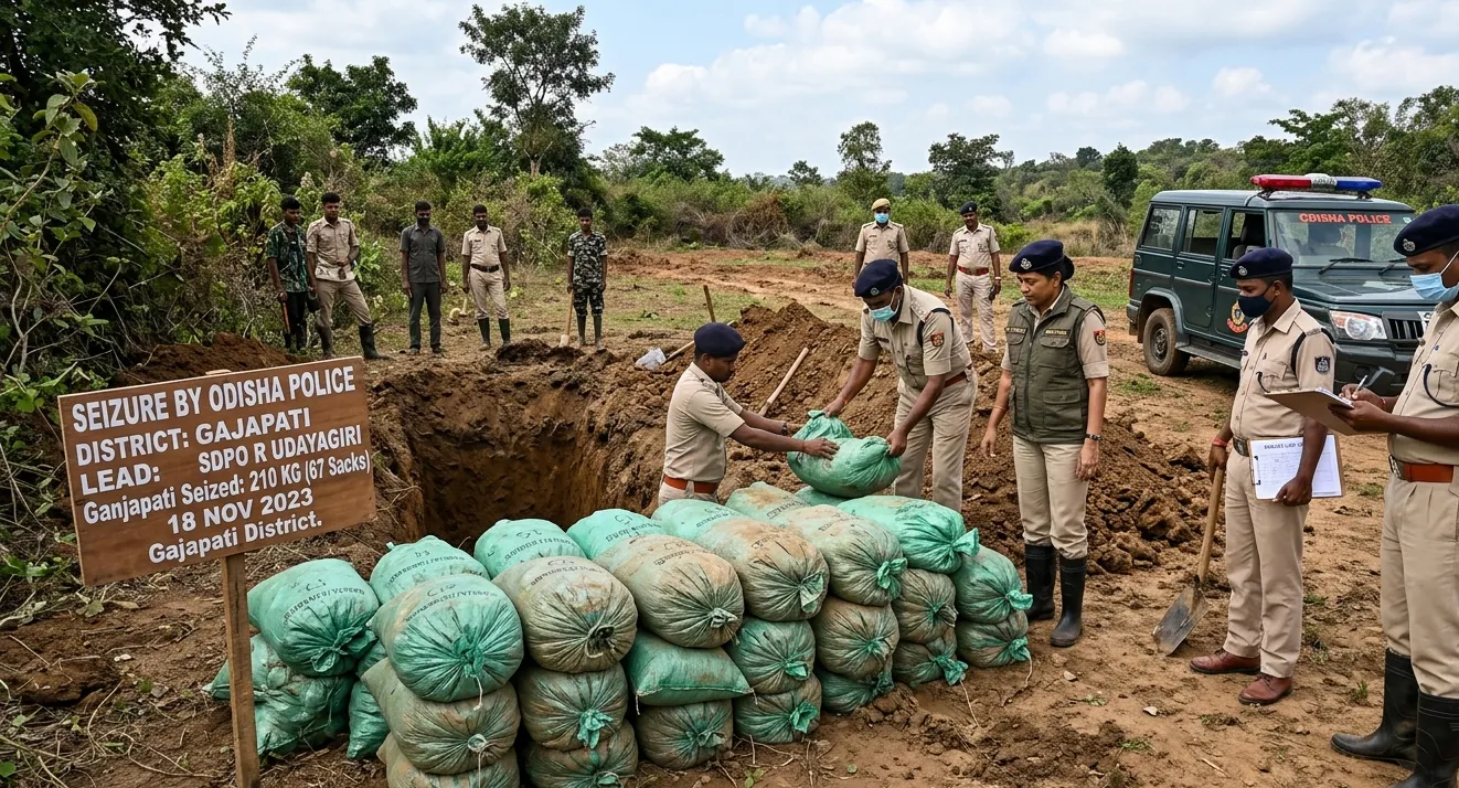 ଗଜପତିର ଆର୍. ଉଦୟଗିରିରେ ମାଟି ତଳୁ ମିଳିଲା ୨୧୦ କିଲୋ ଗଞ୍ଜେଇ, ୬୭ ବସ୍ତା ଜବତ