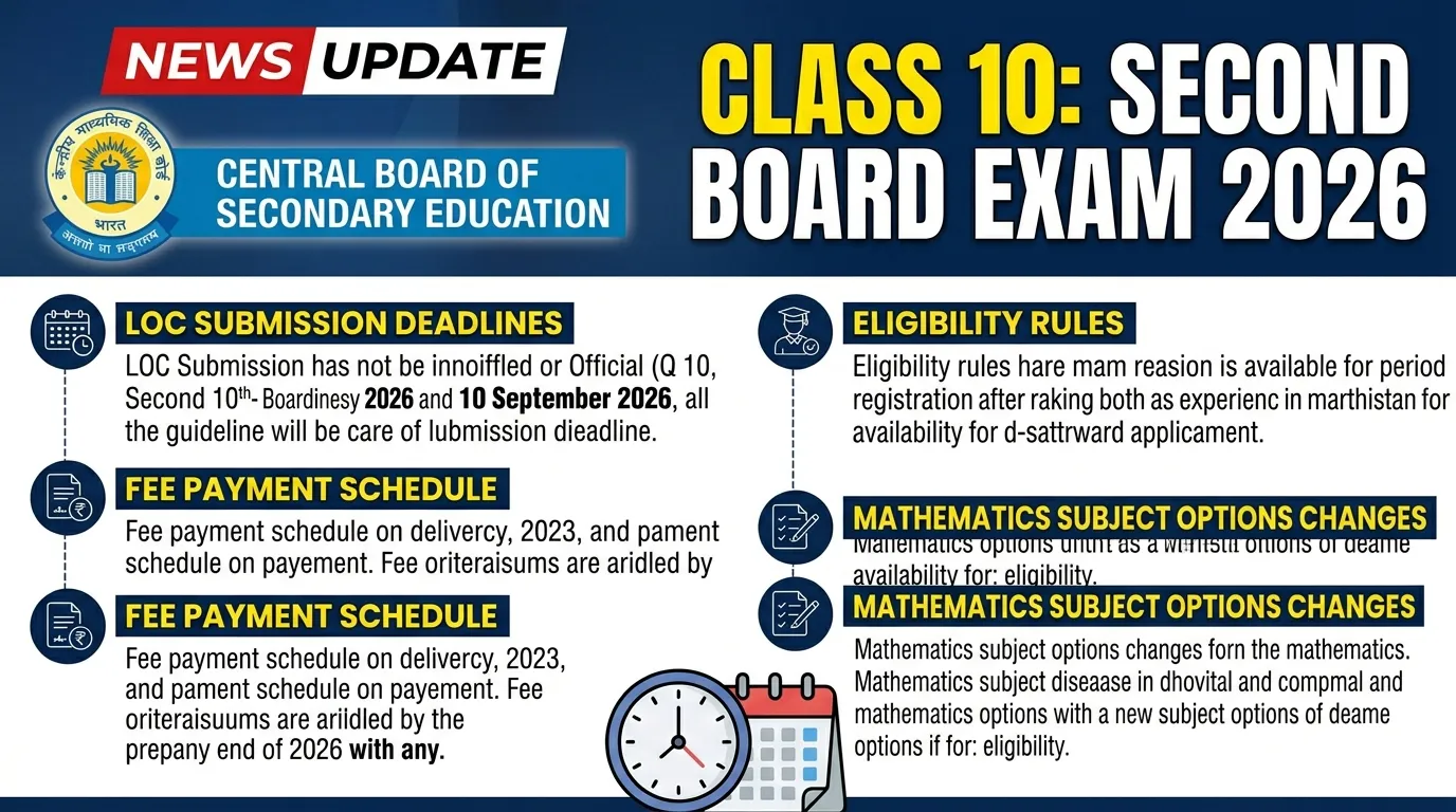 CBSE ଦଶମ ଶ୍ରେଣୀ ଦ୍ୱିତୀୟ ବୋର୍ଡ ପରୀକ୍ଷା ୨୦୨୬ ପାଇଁ ଗାଇଡଲାଇନ୍ ଜାରି: LOC ଓ ଫି ଦାଖଲ ପ୍ରକ୍ରିୟା ସ୍ପଷ୍ଟ