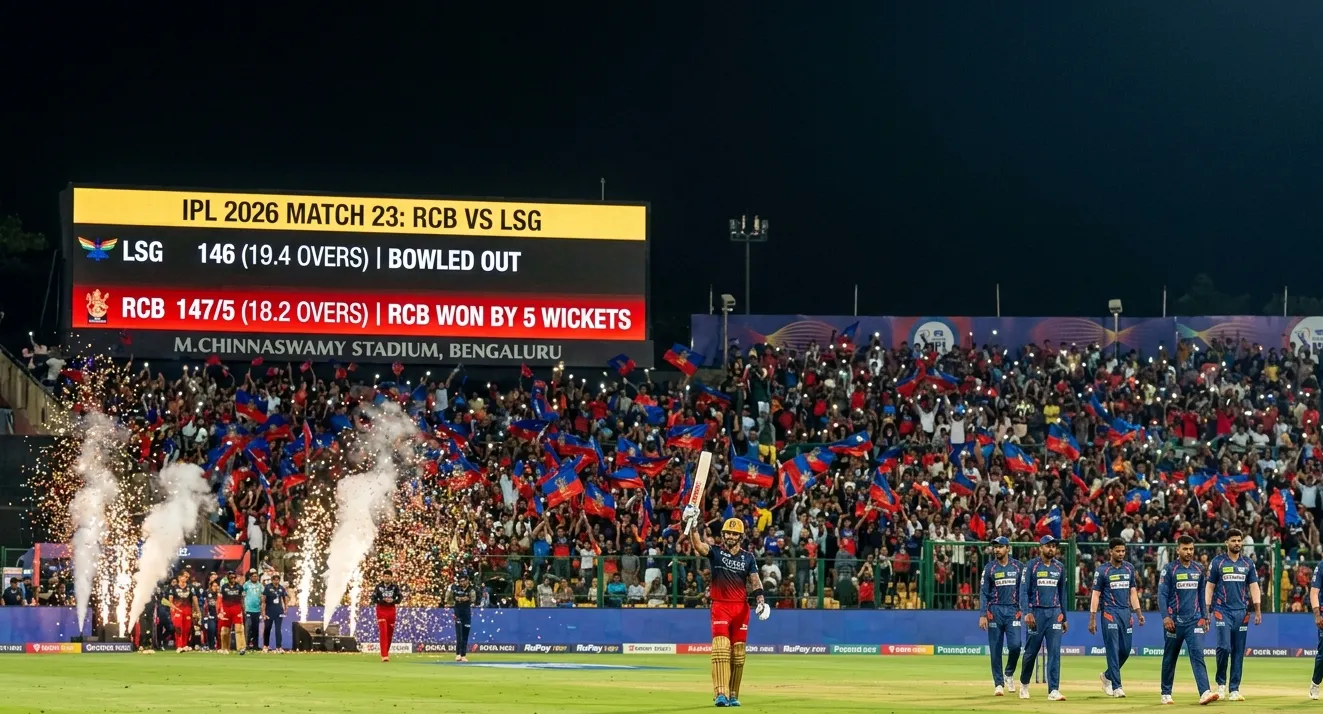 ଆଇପିଏଲ୍ ୨୦୨୬: ଲକ୍ଷ୍ନୌକୁ ୫ ଉଇକେଟ୍‌ରେ ହରାଇ ଟେବୁଲ୍ ଟପ୍‌ରେ RCB, ହାଜଲୱୁଡ୍-ରାସିଖଙ୍କ ଧମାକା ବୋଲିଂ