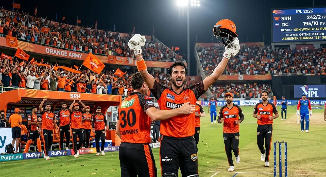 ଅଭିଷେକ ଶର୍ମାଙ୍କ ୧୩୫ ରନ୍‌ରେ SRH ଦିଲ୍ଲୀକୁ ୪୭ ରନ୍‌ରେ ହରାଇଲା, IPL 2026ରେ ୨୪୨/୨ ର ବିଶାଳ ସ୍କୋର*