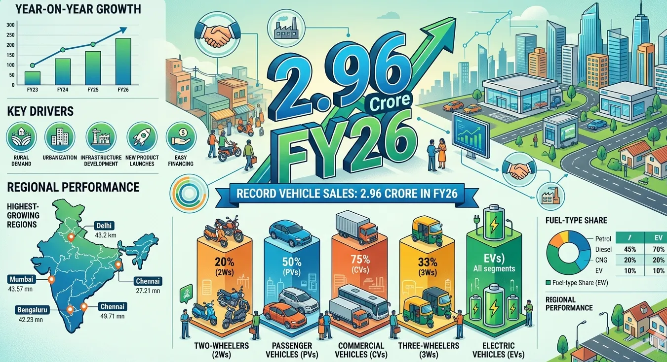 ଭାରତୀୟ ଅଟୋ ରିଟେଲରେ ଐତିହାସିକ ରେକର୍ଡ: ୨.୯୬ କୋଟି ଗାଡ଼ି ବିକ୍ରି ସହିତ ନୂତନ ଶିଖର