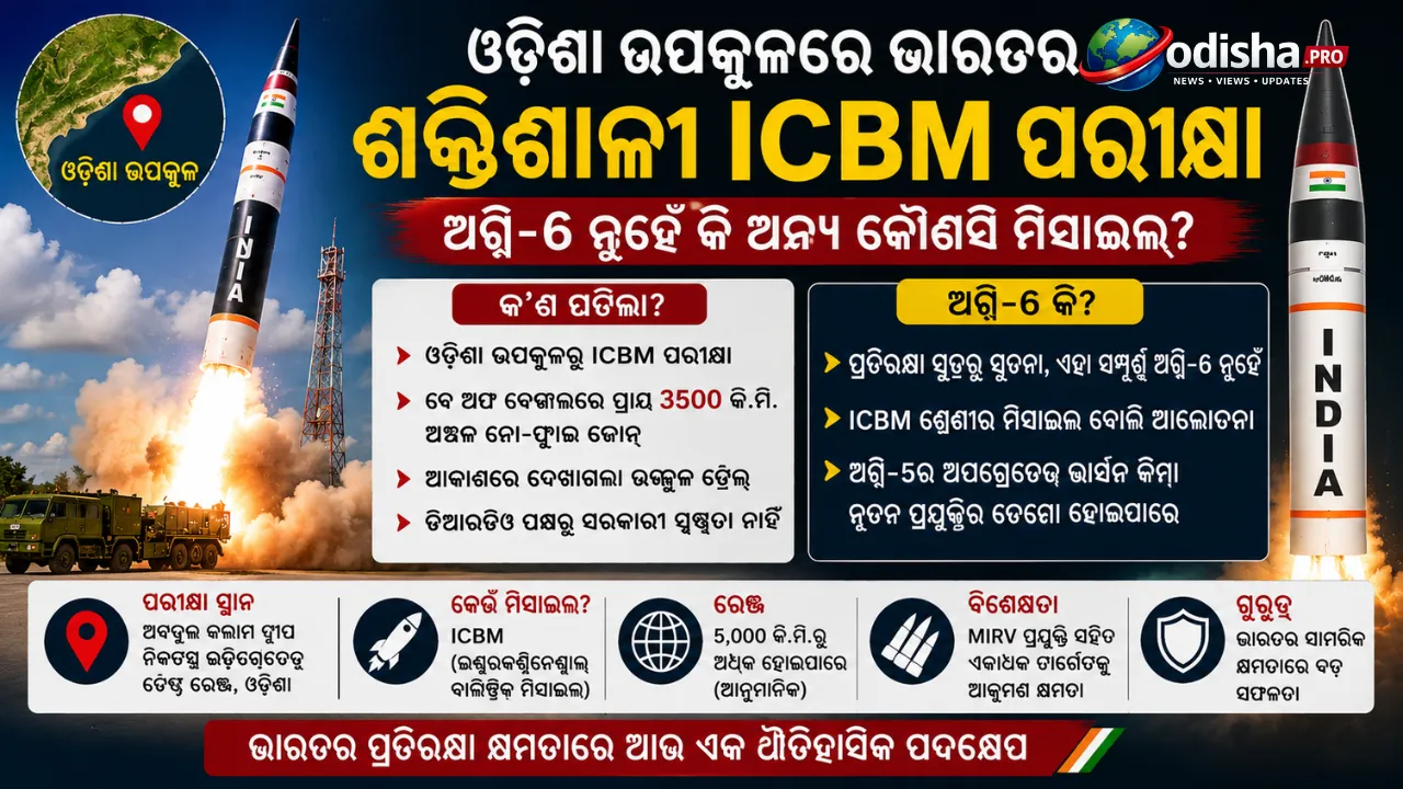 ଓଡ଼ିଶା ଉପକୂଳରେ ଭାରତର ଶକ୍ତିଶାଳୀ ICBM ପରୀକ୍ଷା, ଅଗ୍ନି-୬ ନୁହେଁ କି ଅନ୍ୟ କୌଣସି ମିସାଇଲ୍!