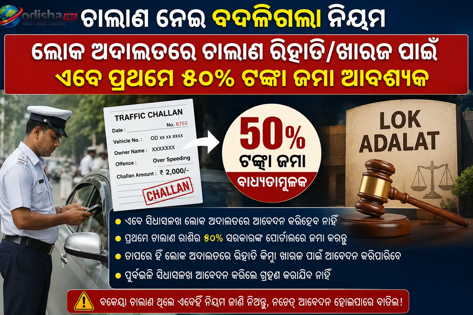 ଟ୍ରାଫିକ୍ ଚାଲାଣକୁ ନେଇ ବଦଳିଲା ନିୟମ: ଲୋକ ଅଦାଲତକୁ ଯିବା ପୂର୍ବରୁ ଦେବାକୁ ପଡ଼ିବ ୫୦% ଜରିମାନା