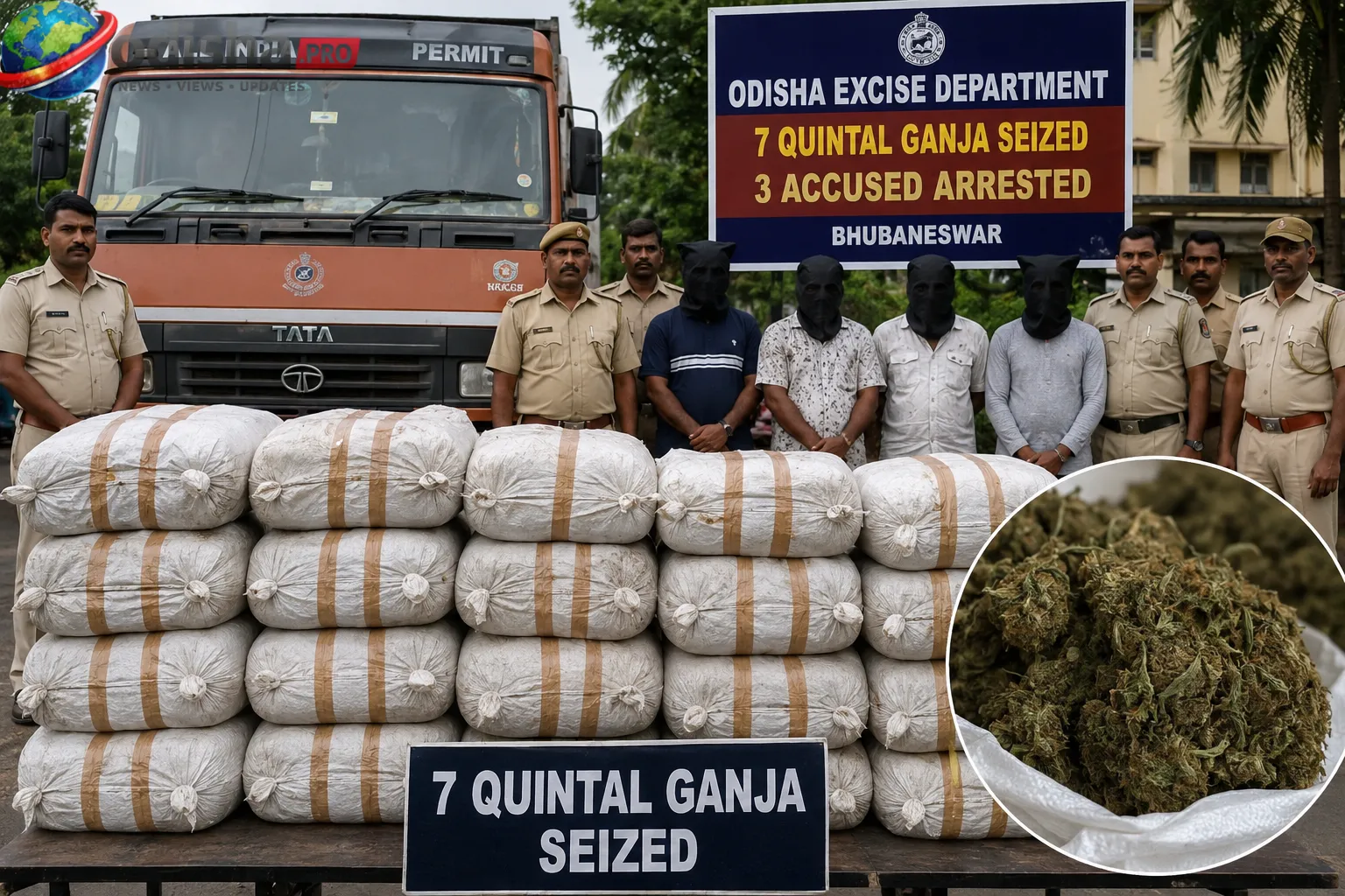 ଭୁବନେଶ୍ୱରରେ ୭ କ୍ୱିଣ୍ଟାଲ ଗଞ୍ଜେଇ ଜବତ: ଆନ୍ତଃରାଜ୍ୟ ଚୋରାଚାଲାଣ ଚକ୍ରର ୩ ଜଣ ଗିରଫ, ଟ୍ରକ୍ ସିଜ୍