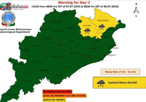 ଓଡ଼ିଶାରେ କମିଲା ବର୍ଷାର ପ୍ରକୋପ; ମୟୂରଭଞ୍ଜ ଓ କେନ୍ଦୁଝର ପାଇଁ ୟେଲୋ ୱାର୍ଣ୍ଣିଂ ଜାରି