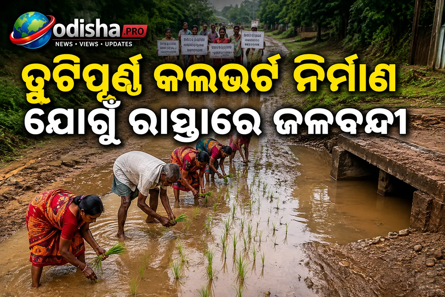ତ୍ରୁଟିପୂର୍ଣ୍ଣ କଲଭର୍ଟ ନିର୍ମାଣ ଯୋଗୁଁ ରାସ୍ତାରେ ଜଳବନ୍ଦୀ: କାଦୁଅ ରାସ୍ତାରେ ଧାନ ରୋଇ ପ୍ରତିବାଦ