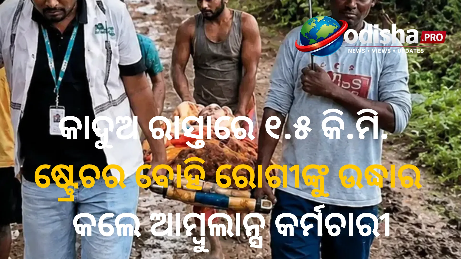 କାଦୁଅ ରାସ୍ତାରେ ୧.୫ କି.ମି. ଷ୍ଟ୍ରେଚର ବୋହି ରୋଗୀଙ୍କୁ ଉଦ୍ଧାର କଲେ ଆମ୍ବୁଲାନ୍ସ କର୍ମଚାରୀ