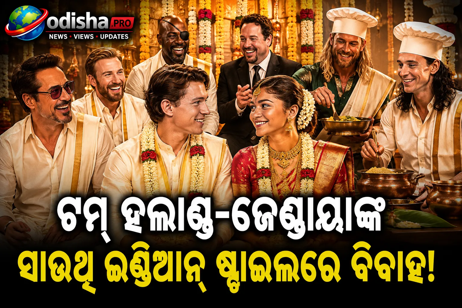 ସାଉଥ୍ ଇଣ୍ଡିଆନ୍ ଷ୍ଟାଇଲ୍‌ରେ ଟମ୍ ହଲାଣ୍ଡ-ଜେଣ୍ଡାୟାଙ୍କ ବିବାହ! AI ଭିଡିଓରେ ରୋଷେଇଆ ସାଜିଲେ ଥର୍ ଓ ଲୋକି