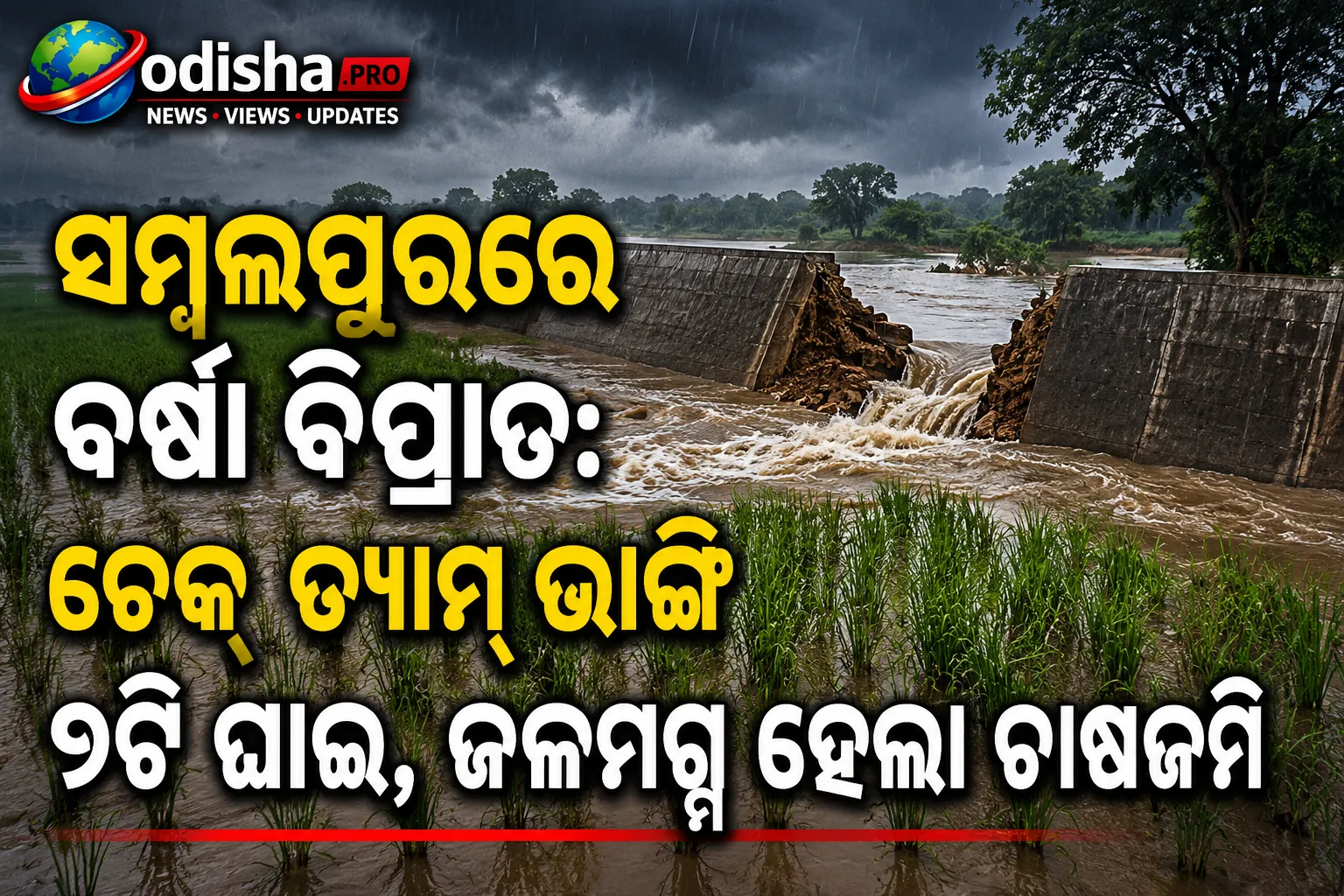ସମ୍ବଲପୁରରେ ବର୍ଷା ବିତ୍ପାତ: ଚେକ୍ ଡ୍ୟାମ୍ ଭାଙ୍ଗି ୨ଟି ଘାଇ, ଜଳମଗ୍ନ ହେଲା ଚାଷଜମି