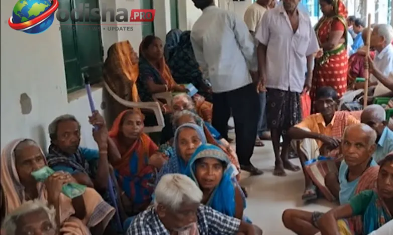 Elderly pension beneficiaries stage a protest outside Madhusudanpur Gram Panchayat office in Balasore over delayed pension payments.